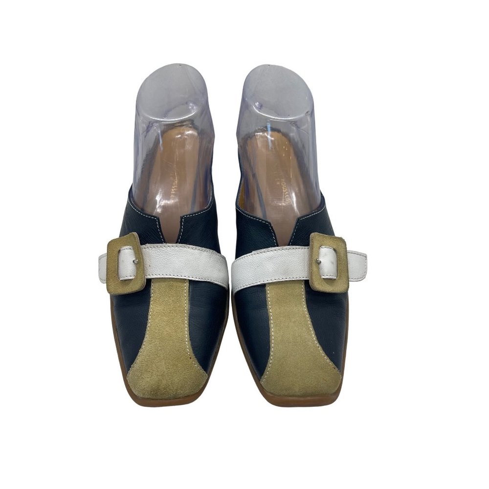 Vtg.1960s PLR Bottier Mod Buckle Slide Color Block Navy Tan Leather Sz.38